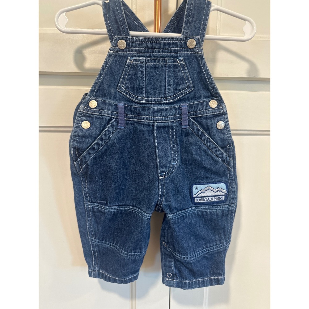 Faded Glory y2K Baby Blue Denim Overalls Mountain Compass Patch 0-3 Months